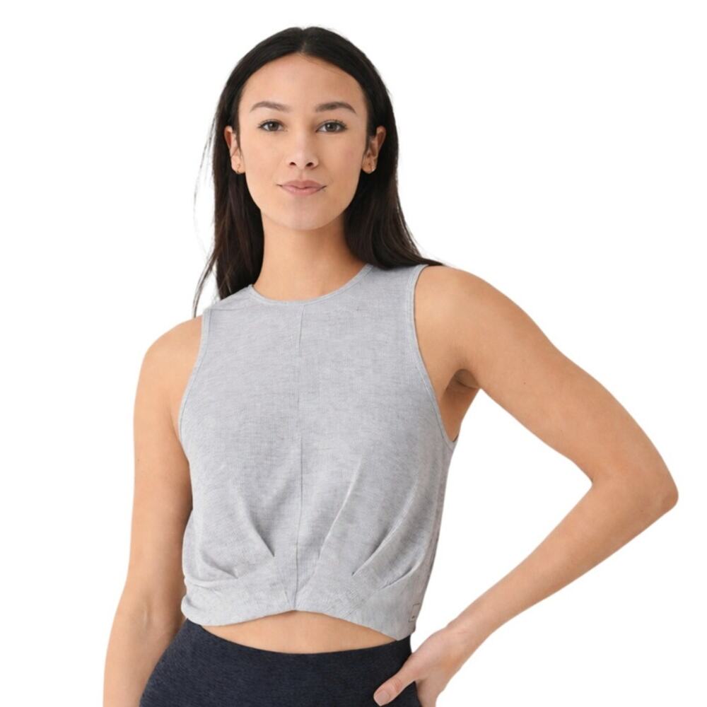 VUORI | Cove High Neck Rib Knit Cropped Tank Top Heather Grey Modal Yoga Gym S